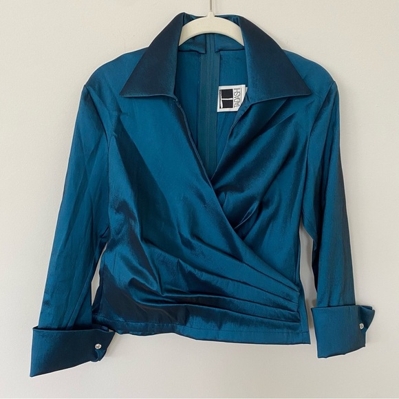 Vintage Tadashi Two-Piece Set Sz 4 Teal Satin Skirt Blouse Wedding Event 90s Y2K - Picture 2 of 16